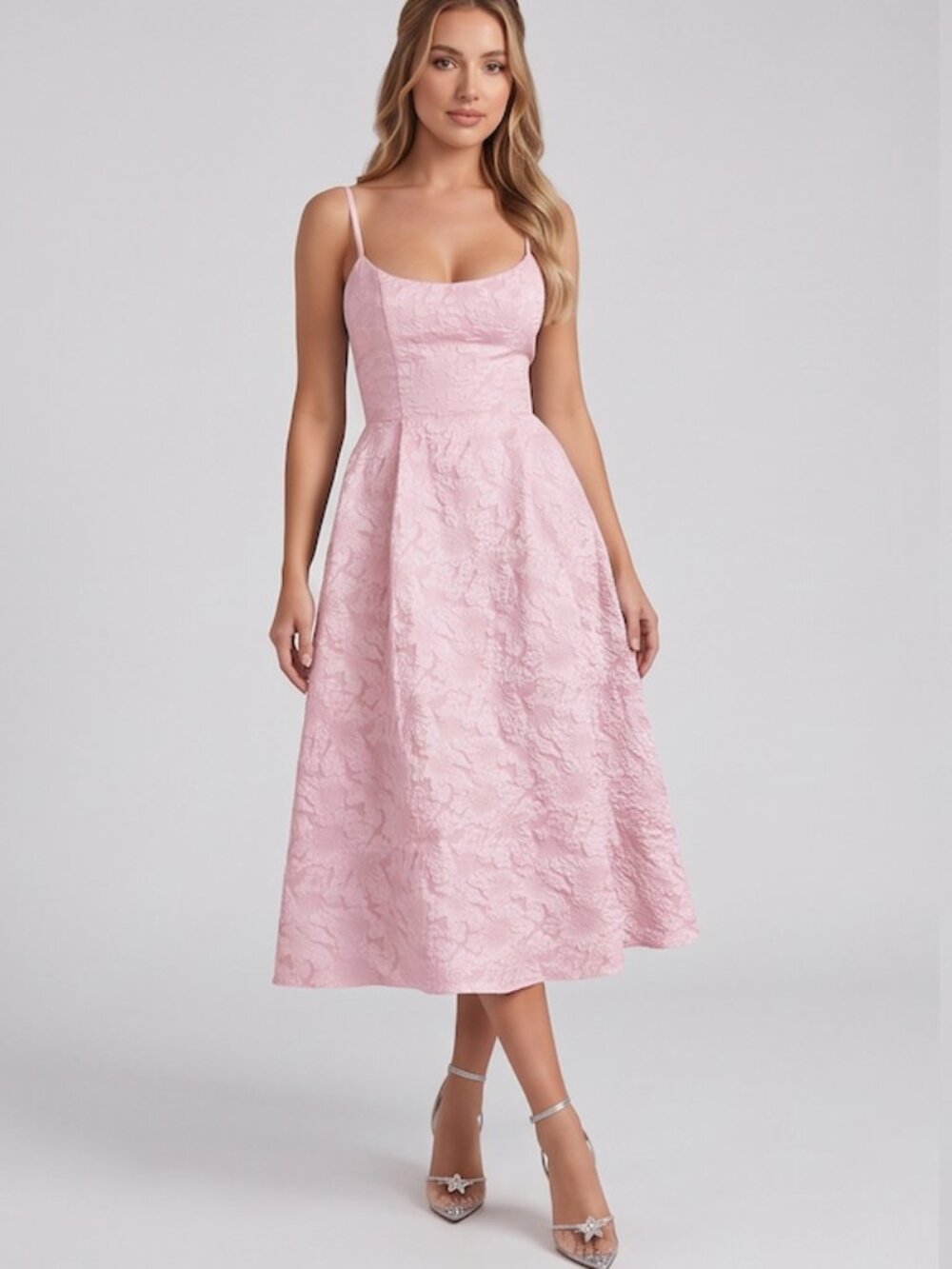 Pink Floral Scoop Neck Midi Party Dress